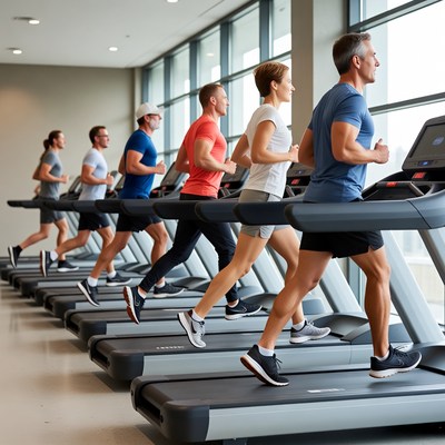 Group running on treadmills in gym