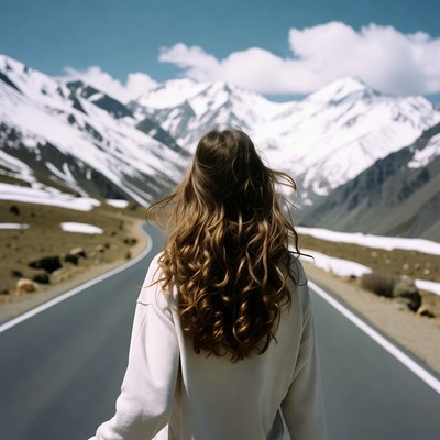 Woman standing on road with snowy mountains