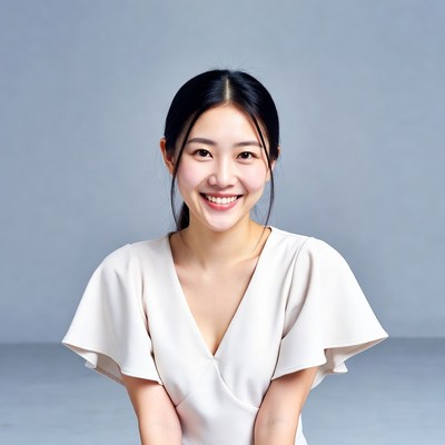 Asian woman smiling in white dress