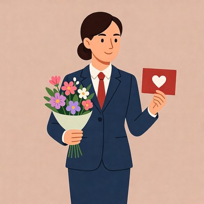 Asian woman holding flowers and heart card