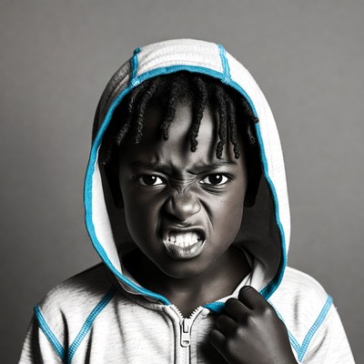 African boy grimacing in hoodie