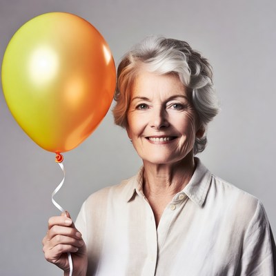 Elderly woman holding yellow balloon