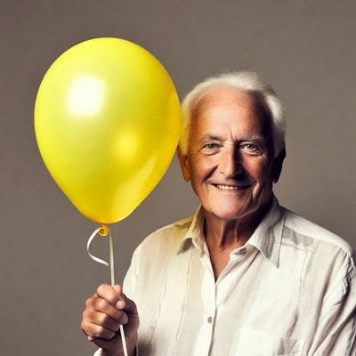 Elderly man holding yellow balloon
