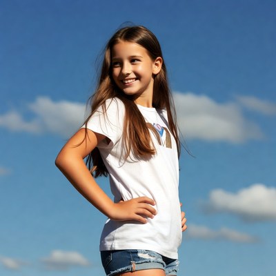 Smiling girl in white shirt and shorts
