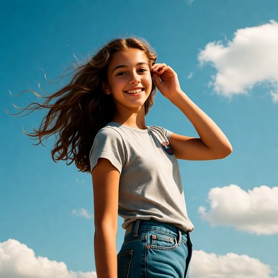 Smiling girl with flowing hair outdoors