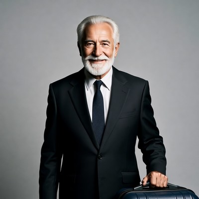 Elderly man in suit holding suitcase