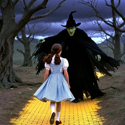 Wicked Witch threatens Dorothy on yellow brick road