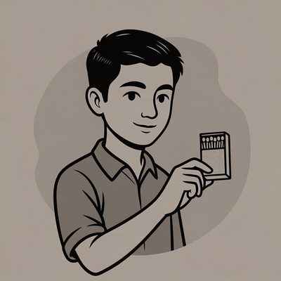 Asian boy holding matchbox