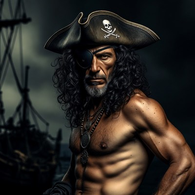 Muscular pirate with eyepatch and skull hat