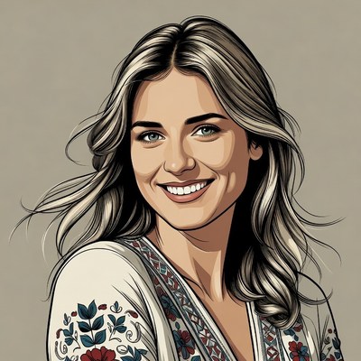 Smiling blonde woman in embroidered blouse