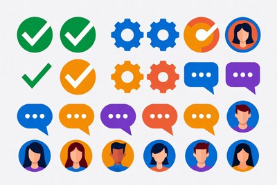 Colorful Checkmarks Gears Speech Bubbles Avatars