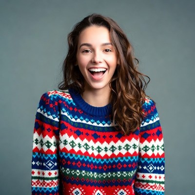 Smiling woman in colorful Christmas sweater