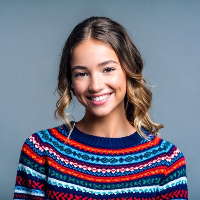 Smiling woman in colorful knit sweater