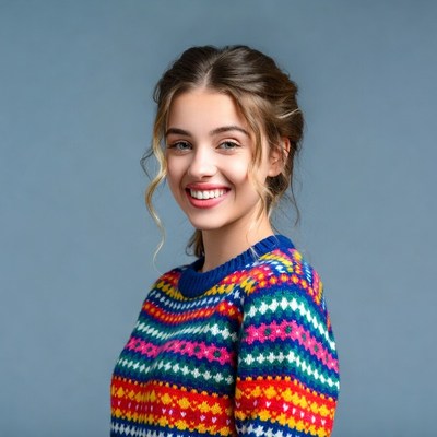 Smiling woman in colorful knit sweater