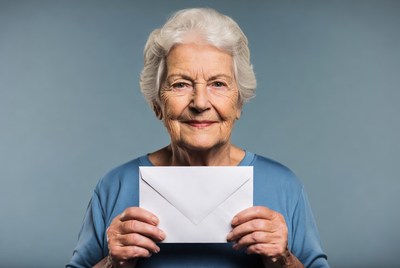 Elderly woman holding white envelope