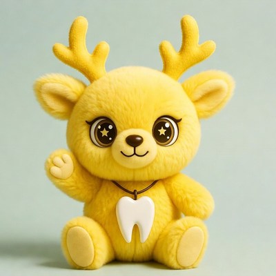 Yellow plush reindeer waving hello