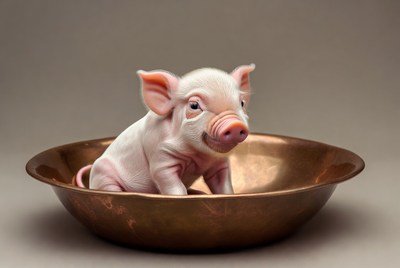 Baby pig in copper bowl