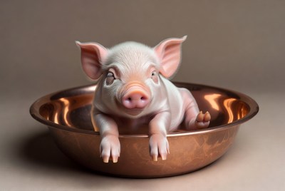 Baby pig in copper bowl