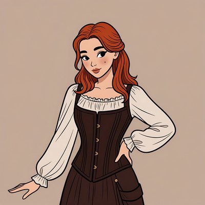 Redhead woman in brown corset dress