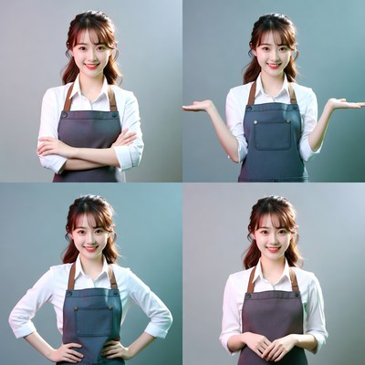 Asian woman in apron four poses