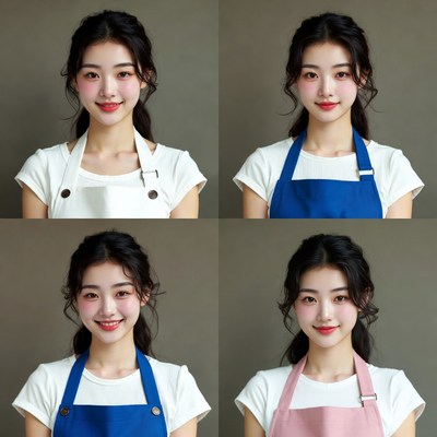 Asian woman in four apron colors