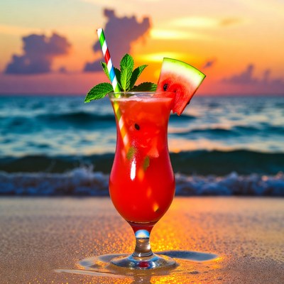 Watermelon cocktail on beach sunset