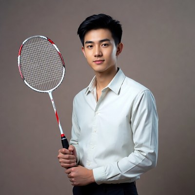 Asian man holding badminton racket