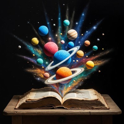 Open Book Releasing Colorful Planets