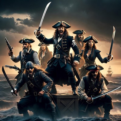 Pirate Crew Wielding Swords on Ship