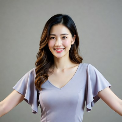Asian woman smiling in gray dress