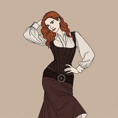 Redhead woman in corset and skirt