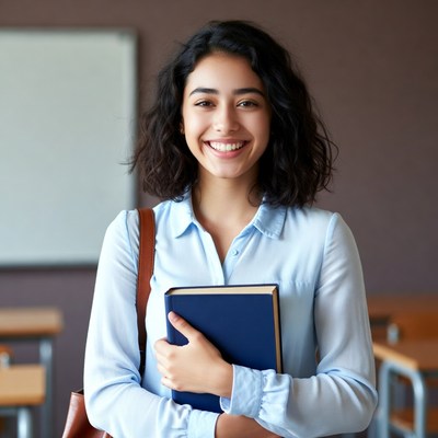 Smiling woman holding book in classroom
