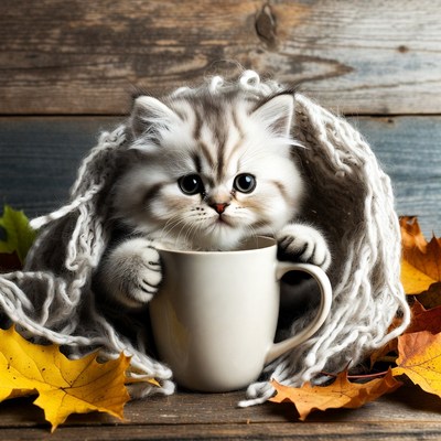 Kitten holding mug in blanket
