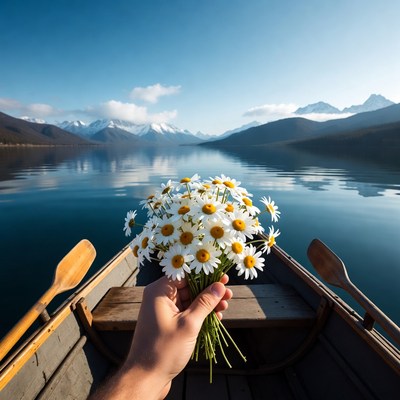 Hand holding daisies in canoe on lake