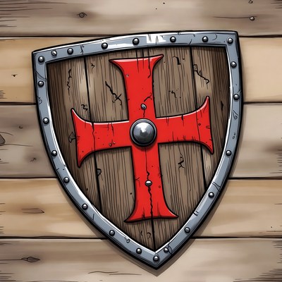 Red Cross Shield on Wood Background