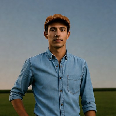 Man in brown cap and denim shirt outdoors