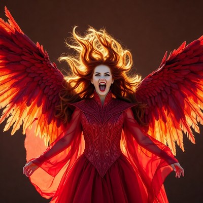 Red-winged fiery woman in fantasy gown