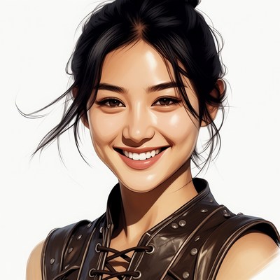 Smiling Asian woman in leather vest