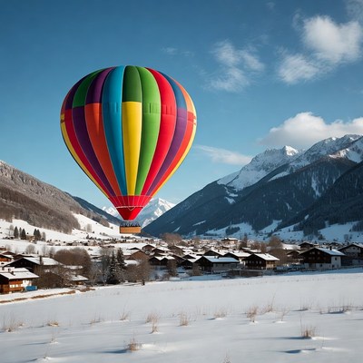Colorful hot air balloon over snowy mountains