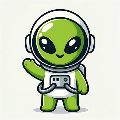 Cute green alien waving in spacesuit