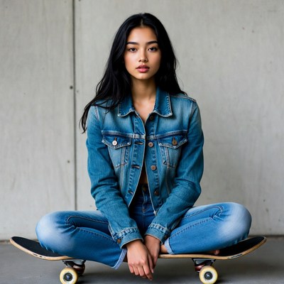 Asian woman sitting on skateboard