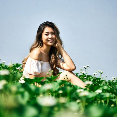 Asian woman smiling in flower field