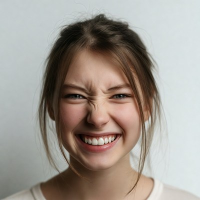 Young woman squinting with big smile