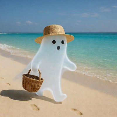 Ghost with straw hat on beach