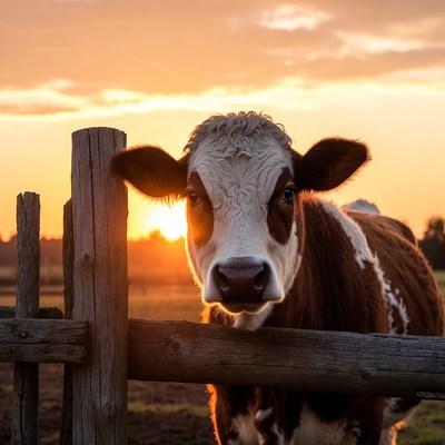 Cow peering over wooden fence at sunset