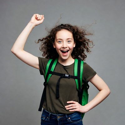 Excited girl raising fist with backpack