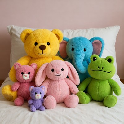 Colorful plush toys on bed