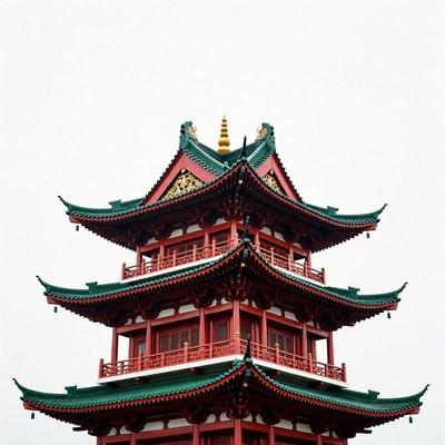 Red Pagoda with Green Roofs