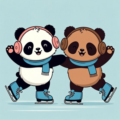 Two Cartoon Pandas Ice Skating