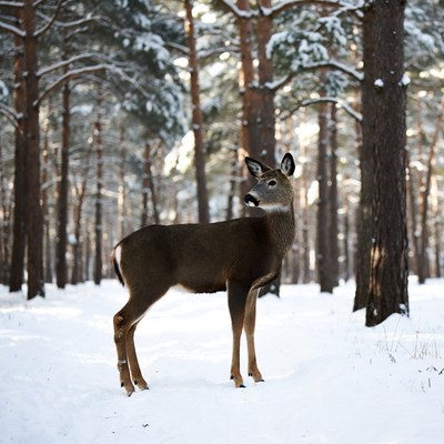 Deer standing in snowy forest